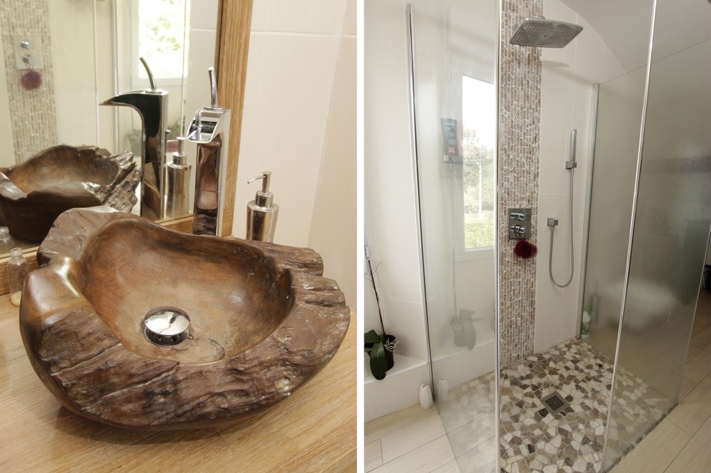 Vasque en bois et douche à l'italienne